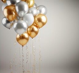 Happy birthday. Balloons, foil balloons, birthday balloons, glitter confetti, elements. Party design in white, gold and silver. Bright background for product presentation and text.