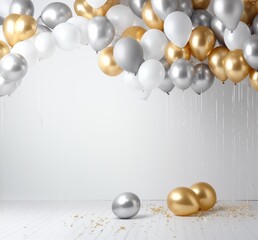 Obraz na płótnie Canvas Happy birthday. Balloons, foil balloons, birthday balloons, glitter confetti, elements. Party design in white, gold and silver. Bright background for product presentation and text.