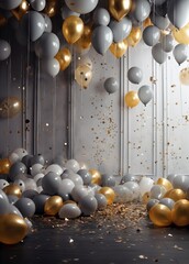 Happy birthday. Balloons, foil balloons, birthday balloons, glitter confetti, elements. Party design in white, gold and silver. White historical background for product presentation and text.