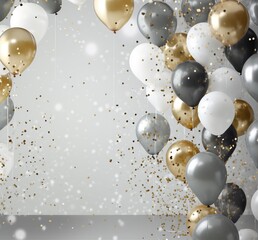 Happy birthday. Balloons, foil balloons, birthday balloons, glitter confetti, elements. Party design in gold and silver. White background for product presentation and text.