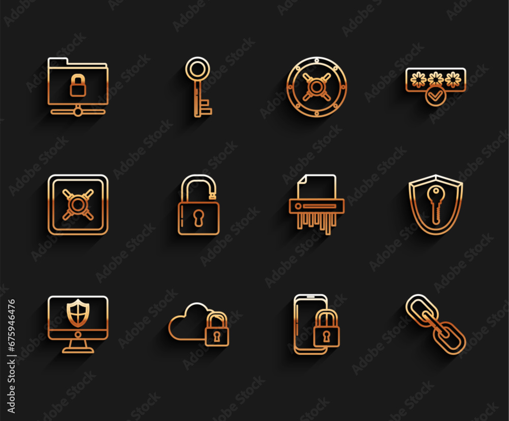 Aufkleber set line computer monitor and shield, cloud computing lock, ftp folder, smartphone with closed padlo