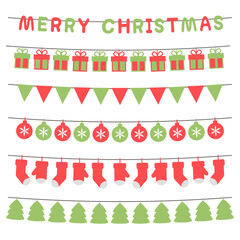 Green and Red Merry Christmas flags garland on isolated white background. Vector illustration flat design.