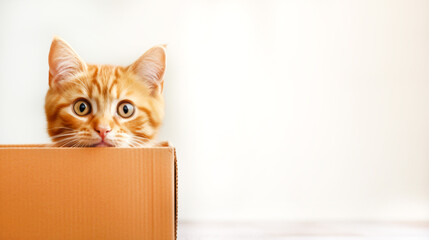 Little tabby red kitten sitting in cardboard box and peeks out .Cute pet on neutral light background. Advertising of an American brand pet food. Copy space. Banner.