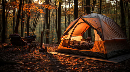 Relaxation day, traveling and setting up a tent in the forest. There is a comfortable atmosphere.