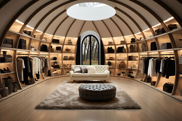 Interior design of walk-in closet, modern and stylish, with white theme