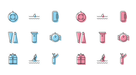 Set line Aqualung, Floating buoy on the sea, Lifebuoy, Swiss army knife, Flashlight, Diving watch, Rubber flippers for swimming and Shark fin ocean wave icon. Vector © Oksana