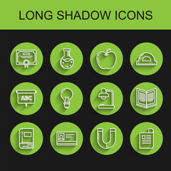 Set line Book, Identification badge, Certificate template, Magnet, Document, Light bulb with concept of idea, Open book and Table lamp icon. Vector