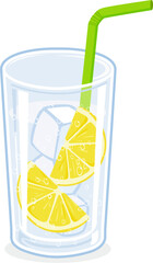 Glass of sparkling soda water with lemon slices, ice cubes and drinking straw. Vector illustration