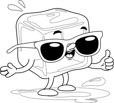 Cartoon ice cube character with sunglasses. Vector black and white coloring page.