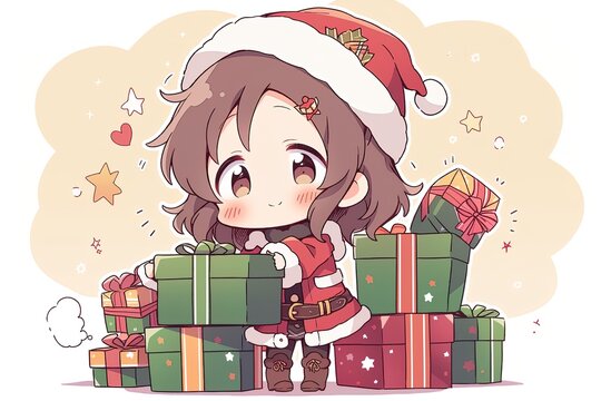 cute chibi anime girl wearing santa claus hat among christmas gifts