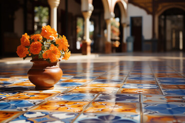 Interior design of a hall in the style of Brazilian architecture with bright colorful abstract tiles on the floor.