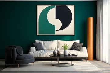 modern style living room in green and white print pattern, in the style of dark teal and dark amber, large canvas paintings, minimalist geometric forms, multi-coloured minimalism, rounded, nostalgic m