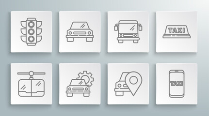 Set line Cable car, Car, service, Map pointer with taxi, Taxi call telephone, Bus, roof and Traffic light icon. Vector