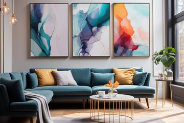 Design of a bright modern living room with a bright abstract painting on the wall