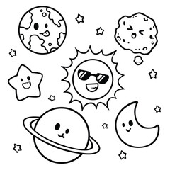 Space Planets Stars in the Sky. Educational vector cartoon character arts for kids and children. Simple outline line arts designs