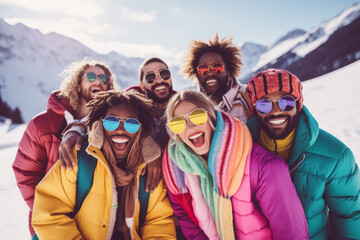 Group of multicultural friends enjoy in winter time on a snowy mountain. Fun outdoor concept on vacation. - obrazy, fototapety, plakaty