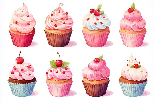 watercolor set of bright delicious pink cupcakes with cream and berries on white background