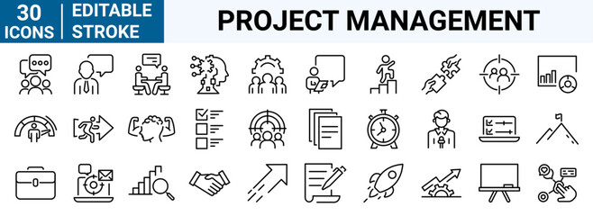 set of 30 line web icons Project management. Data Analysis. Big data, Processing, Productivity. vector illustration. Editable stroke.