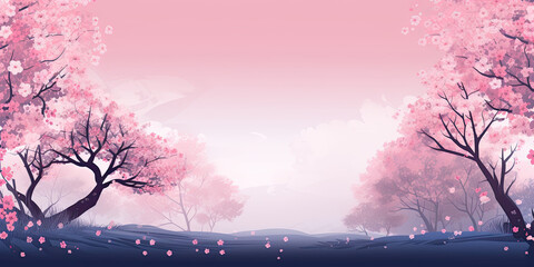 Cherry blossom trees pink background empty space blossoms tree backdrop wide, generated ai