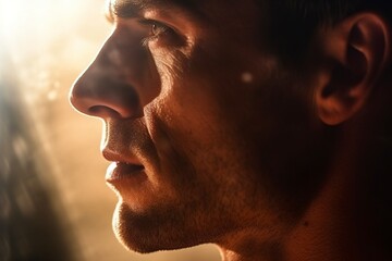 Obraz premium Close-up portrait, in profile, of a tough man in the sun, focused on achieving his goals.