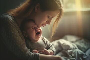 A baby crying in pain is calmed by his mother, who hugs him. - obrazy, fototapety, plakaty