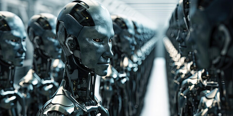 Artificial intelligence army lined up futuristic cyborg AI robots cyber future, generated ai