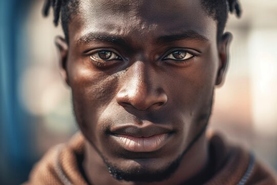 Black man portrait, African immigrant looking sad forlorn, fictional person generated.