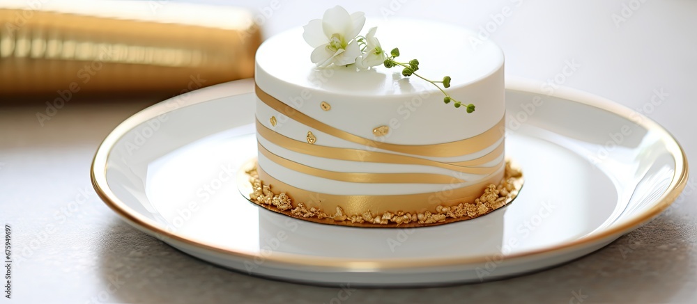 Poster in the background of the isolated room a stunning gold and white cake took center stage perfectly cr