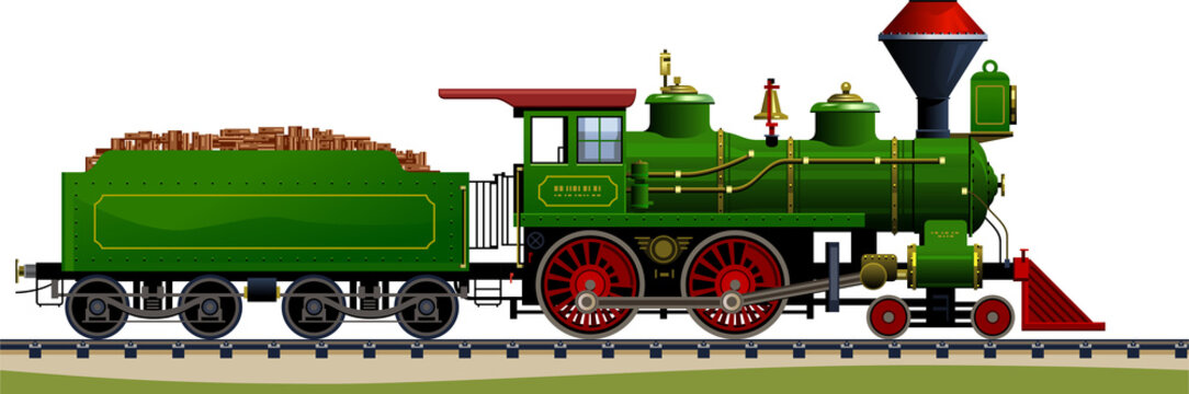 Vintage steam train locomotive on the rail, vector illustration cartoon style icon logo