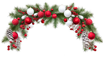 Fototapeta na wymiar Christmas arch design with fresh fir branches and decorations in red and silver