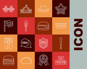 Set line Vote box, Baseball bat, Carnival garland with flags, Western cowboy hat, Indian feather, American, Golden gate bridge and Burger icon. Vector