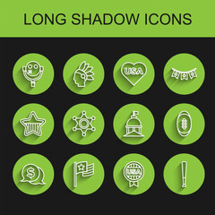 Set line Coin money with dollar, American flag, Tourist binoculars, Medal star, Baseball bat, Hexagram sheriff, Football and White House icon. Vector