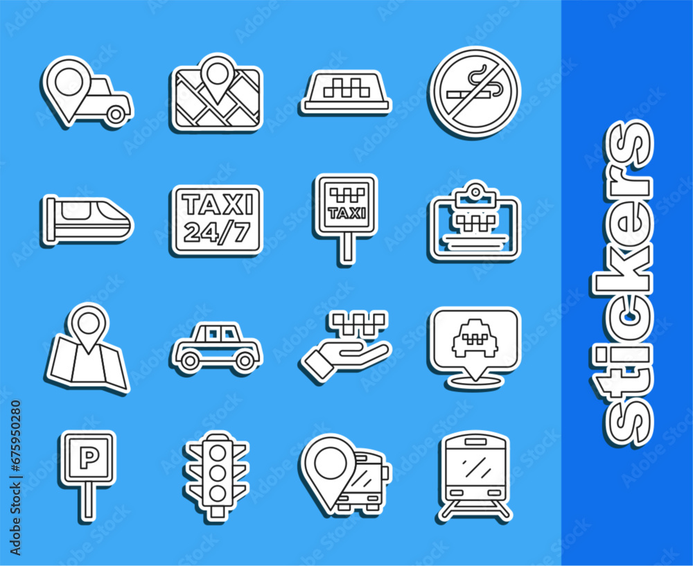 Sticker Set line Train, Location with taxi, Taxi driver license, car roof, High-speed train, and Road sign for stand icon. Vector