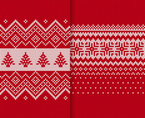 Christmas knitted texture with trees. Knit seamless sweater pattern. Red festive traditional ornament. Xmas print border. Holiday background. Vector illustration.