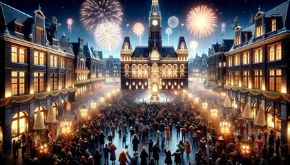 Gordijnen Joyous Gathering of People Celebrating New Year, Created With Generative AI Technology © CreativeMindSigned