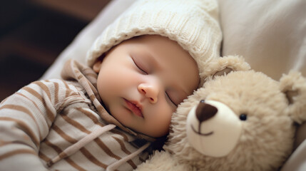 cute small newborn baby toddler sleeping in soft light bed, adorable new born kid sleep and dream with teddy bear toy