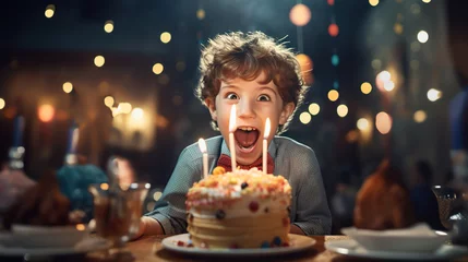 Tuinposter cute curly kid have birthday party and making a wish with birthday cake, small boy blowing candles  © goami