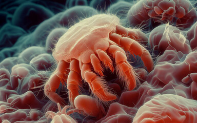 Enlarged image of dust mites on a mattress Causes of allergies and asthma Dermatophagoides pteronyssinus and Dermatophagoides farinae - obrazy, fototapety, plakaty