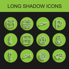Fototapeta premium Set line Spyglass telescope lens, Vintage pistol, Antique treasure chest, Compass, Cannon, Pirate coin and Lifebuoy icon. Vector