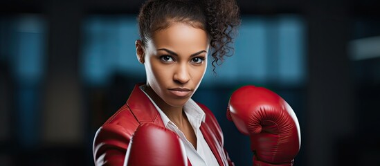 In the isolated background of a business gym a young African American woman a beautiful and powerful young adult is seen confidently boxing while managed by a strong and determined business