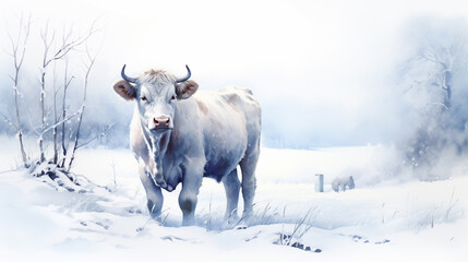 A minimalist watercolor painting with a cow in winter style
