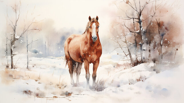 A minimalist watercolor painting with a horse in winter style