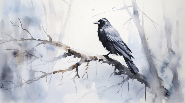 A minimalist watercolor painting with a crow on a branch in winter style