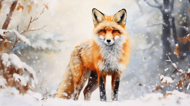 A minimalist watercolor painting with a fox  in winter style