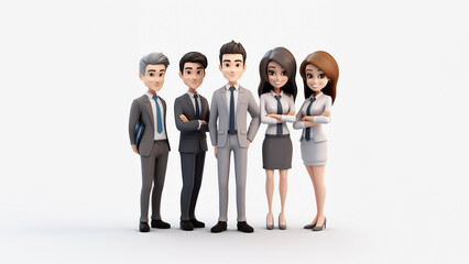 3D cartoon businesspeople team stands in front of a white background, dressed in professional business suits. Generative AI. - obrazy, fototapety, plakaty