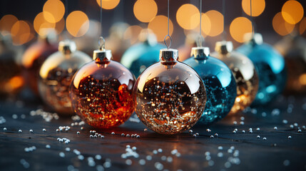 Goldene Weihnachtskugel mit glitzernden Akzenten vor einem unscharfen Hintergrund aus leuchtenden Lichtern, festliche Atmosphäre - obrazy, fototapety, plakaty