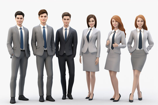 3D cartoon businesspeople team stands in front of a white background, dressed in professional business suits. Generative AI.