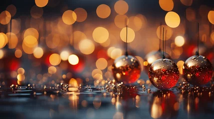 Fotobehang Goldene Weihnachtskugel mit glitzernden Akzenten vor einem unscharfen Hintergrund aus leuchtenden Lichtern, festliche Atmosphäre © mutom