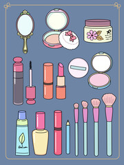 Various cosmetics and tools, bottles and jars