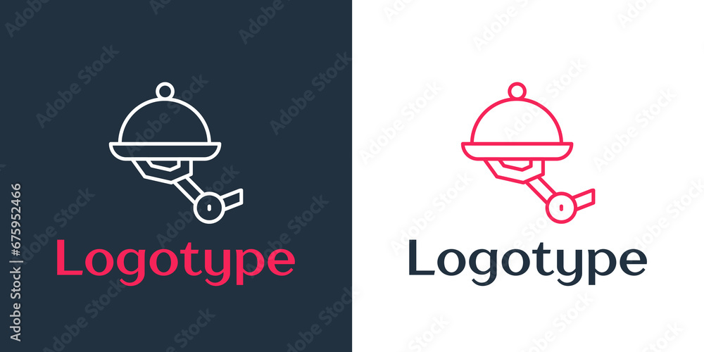 Poster logotype line waiter robot with covered plate icon isolated on white background. artificial intellig